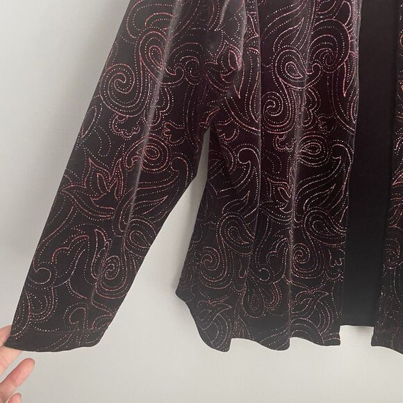 Black Velvet Red Sparkle Top Notations Sz 3X One Piece Cardigan Style Party - Picture 4 of 16